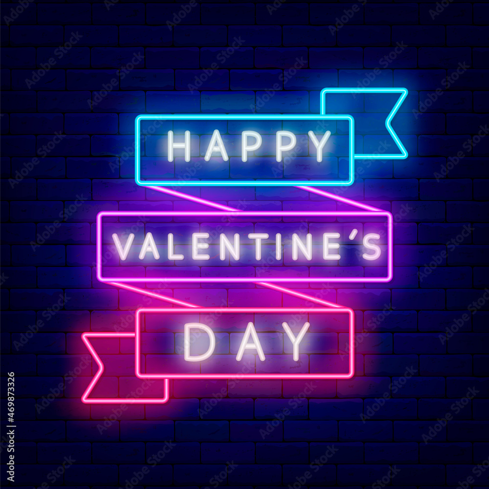 Obraz premium Happy Valentines Day neon text with ribbon. Outer glowing effect banner. Isolated vector stock illustration