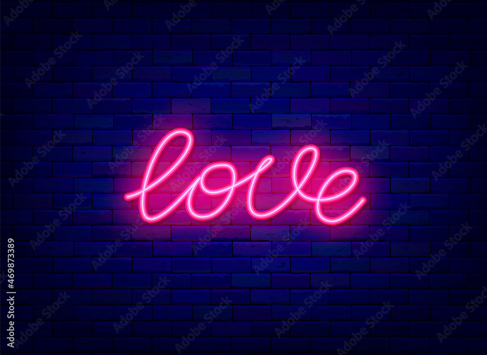 Love neon one line drawing. Shiny continuous lettering. Happy Valentines Day. Vector stock illustration
