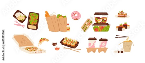 Takeaway food set. Take-away pizza, sandwich, lunch box, asian meal and coffee to go. Groceries and dishes in paper bags, containers and packages. Flat vector illustration isolated on white background