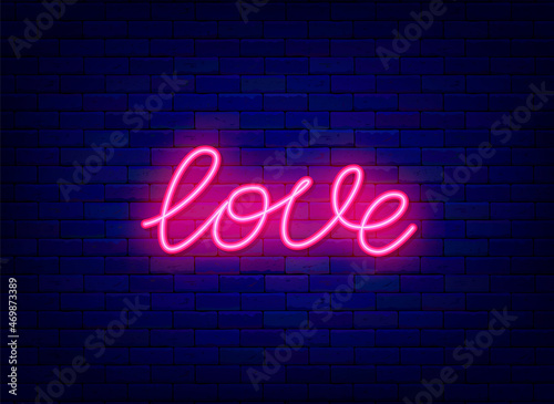 Love neon one line drawing. Shiny continuous lettering. Happy Valentines Day. Vector stock illustration