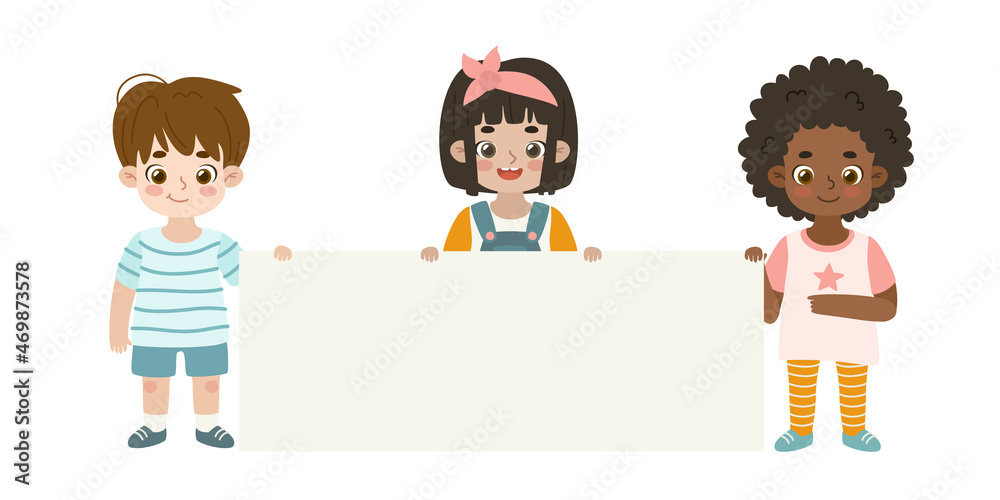Cute children holding long empty banner. Adorable cartoon kids showing blank placard. Cute children holding long empty banner. Adorable cartoon kids showing blank placard.