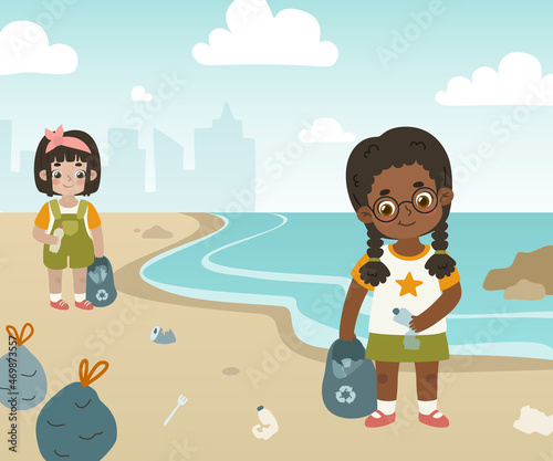 Two girls collect plastic waste on sea coast. Cartoon kids clean up beach. Volunteer children helping to save ocean.