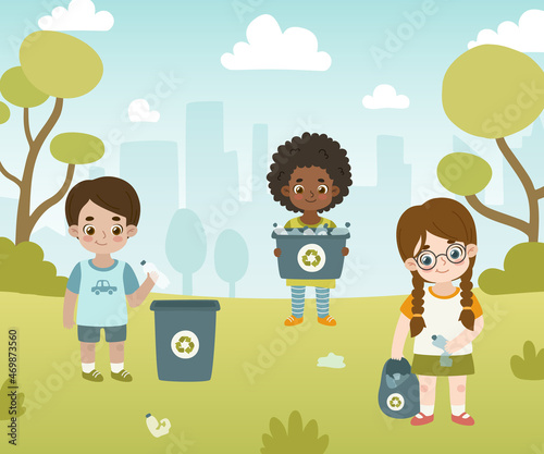 Cute kids collect plastic garbage in city park. Volunteer children clean up forest from disposable waste.