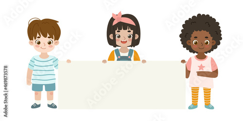 Cute children holding long empty banner. Adorable cartoon kids showing blank placard.