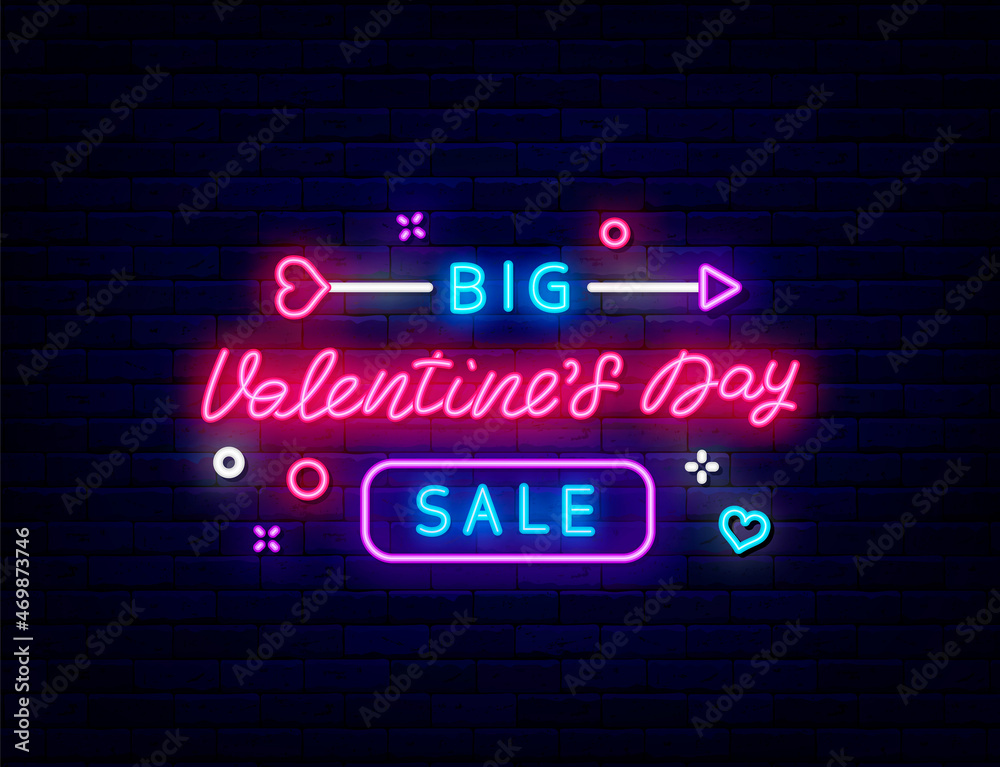 Fototapeta premium Big Valentines Day Sale neon promotion. Outer glowing effect flyer. Isolated vector stock illustration