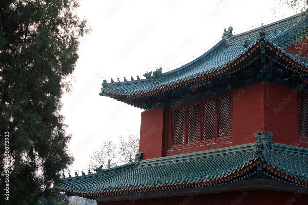 Chinese classical eaves architecture landscape in a park, North China Chinese classical eaves architecture landscape in a park, North China