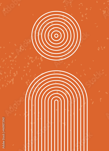 Abstract boho poster. Geometric composition on orange background. Mid century art print. Home decor. Line art.