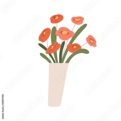 Flower bouquet in ceramic vase. Fresh cut floral bunch of blossomed buds. Pretty garden blooms. Spring romantic plant for natural home decor. Flat vector illustration isolated on white background