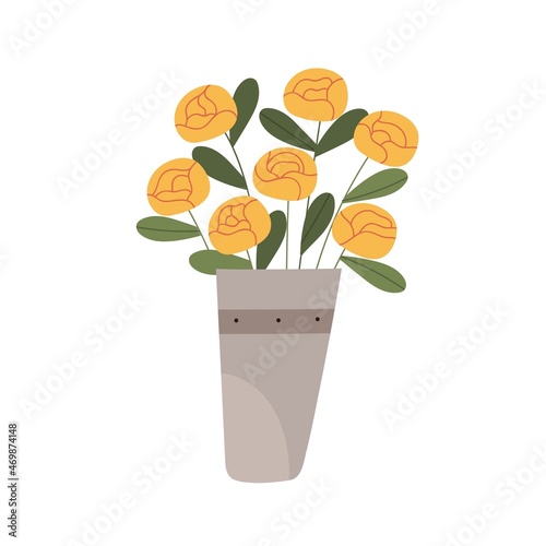 Flower bouquet in vase. Floral bunch in bucket. Cut fresh blooming roses. Decorative garden flora. Showy charming blossomed buds. Flat vector illustration of plant isolated on white background