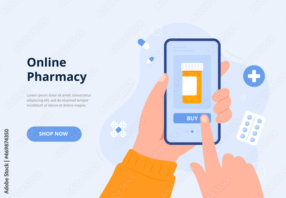 Human hands hold a smartphone and order medicines. Medical treatment. Online pharmacy, delivery drugs, prescription medicines order. Vector flat illustration for banners, landing page. Human hands hold a smartphone and order medicines. Medical treatment. Online pharmacy, delivery drugs, prescription medicines order. Vector flat illustration for banners, landing page.