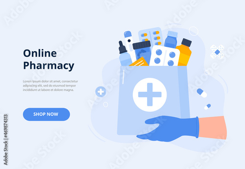 Bag with pills, prescription medicines, and antibiotics. Safe delivery of medicines. Online pharmacy, delivery drugs, prescription medicines order. Vector flat illustration for banners, landing page.