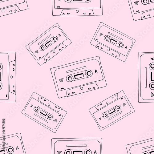 Hand drawn cassette and mixtape seamless pattern, black and pink cartoon doodle background for music technology or audio equipment concept.