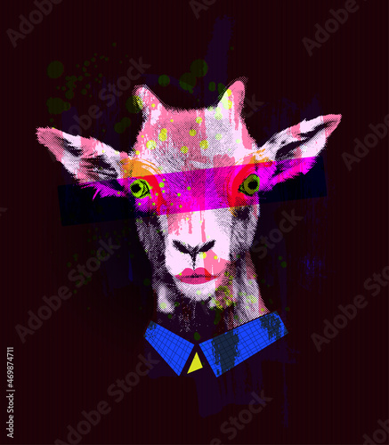 Art goat head. Hand drawn decorative brush strokes vector illustration. Color and outline modern Art.
