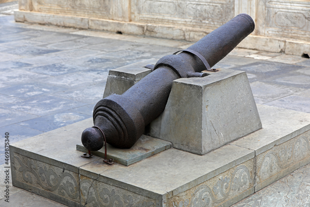 Ancient Chinese iron cannon is in a park, Beijing