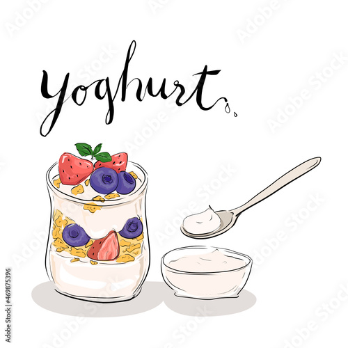 Yogurt with cornflakes and berries cartoon vector illustration on white background.