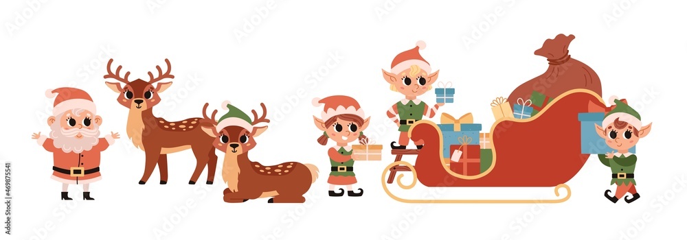 Christmas elves load gifts into Santa's magic sleigh. Santa Claus helper. Cute vector character. Festive elf, deers, Santa isolated on a white background. Christmas elves load gifts into Santa's magic sleigh. Santa Claus helper. Cute vector character. Festive elf, deers, Santa isolated on a white background.