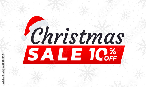 Christmas sale icon, label or banner. Xmas discount promotion poster or card template with Santa cap. 10 percent price off sticker design. Vector illustration.
