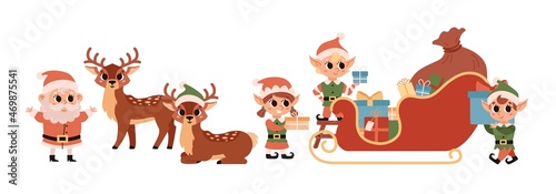 Christmas elves load gifts into Santa's magic sleigh. Santa Claus helper. Cute vector character. Festive elf, deers, Santa isolated on a white background.