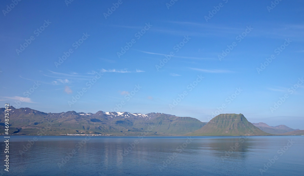 Kirkjufell mountain as seen from the fjord