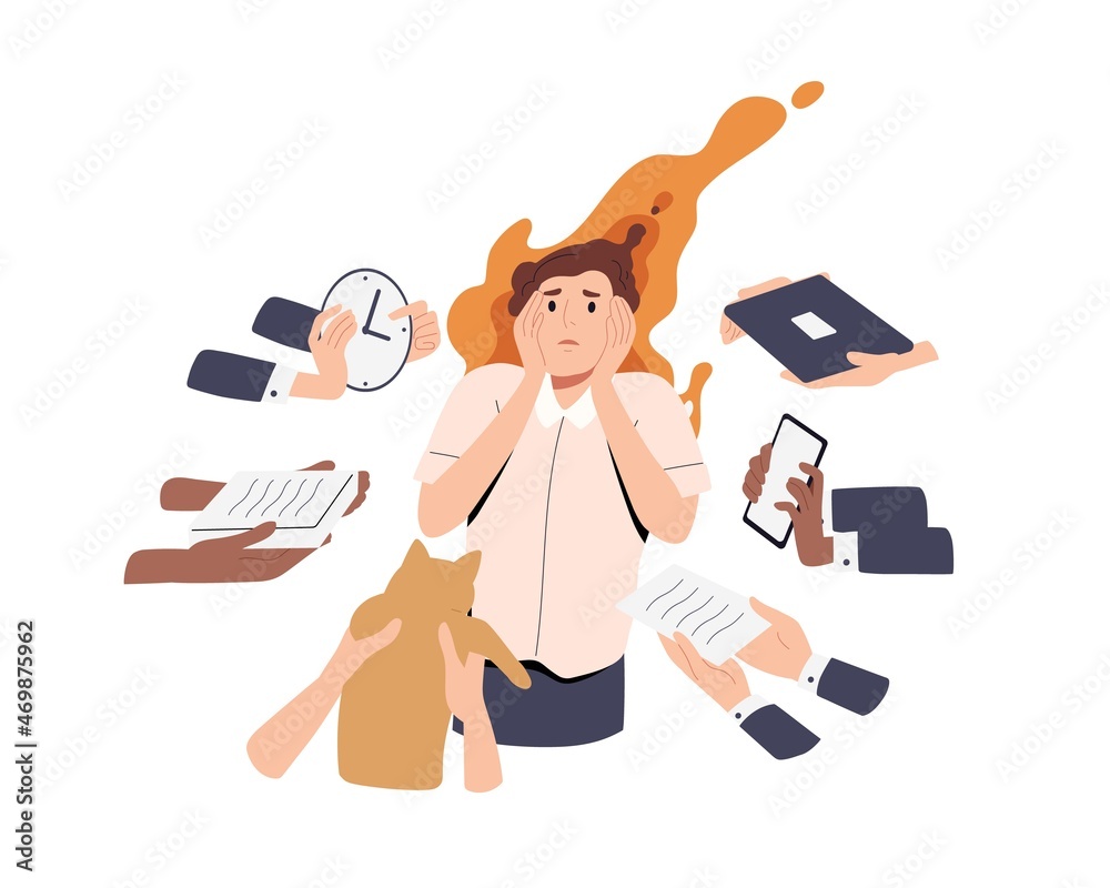 Busy tired person overloaded with plenty of work and personal tasks. Woman in stress under pressure of many different businesses and burdens. Flat vector illustration isolated on white background