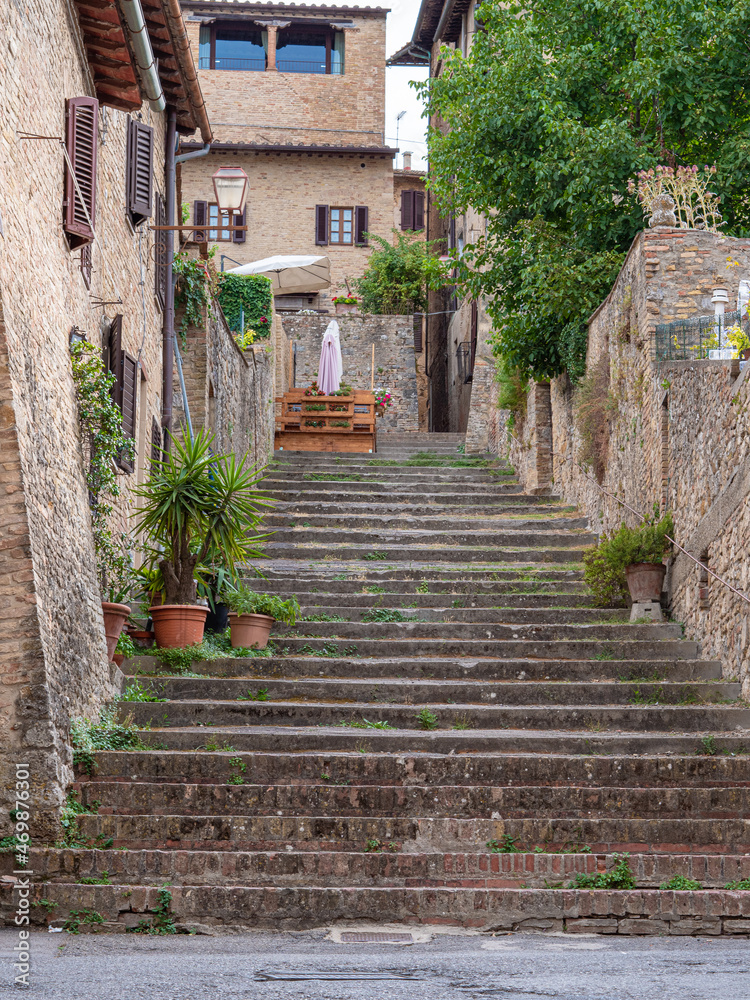 Fototapeta premium Brick Stairway in the Medieval Village of San Gimignano, Siena - Italy