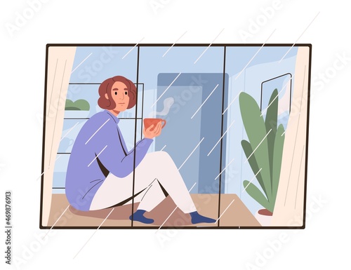 Woman looking at rain outside window. Person sitting with coffee cup on windowsill on rainy weather. Pensive female with tea mug resting at home. Flat vector illustration isolated on white background