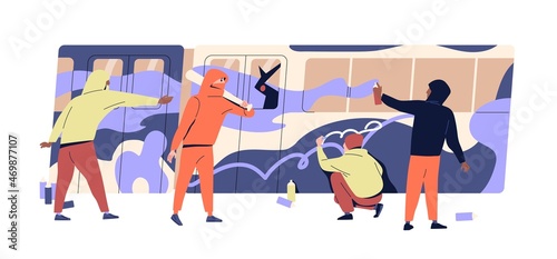 Vandals painting illegal graffiti with aerosol paint, bullies damaging subway train with beat. Vandalism and sabotage concept. Flat vector illustration of gang doing harm isolated on white background