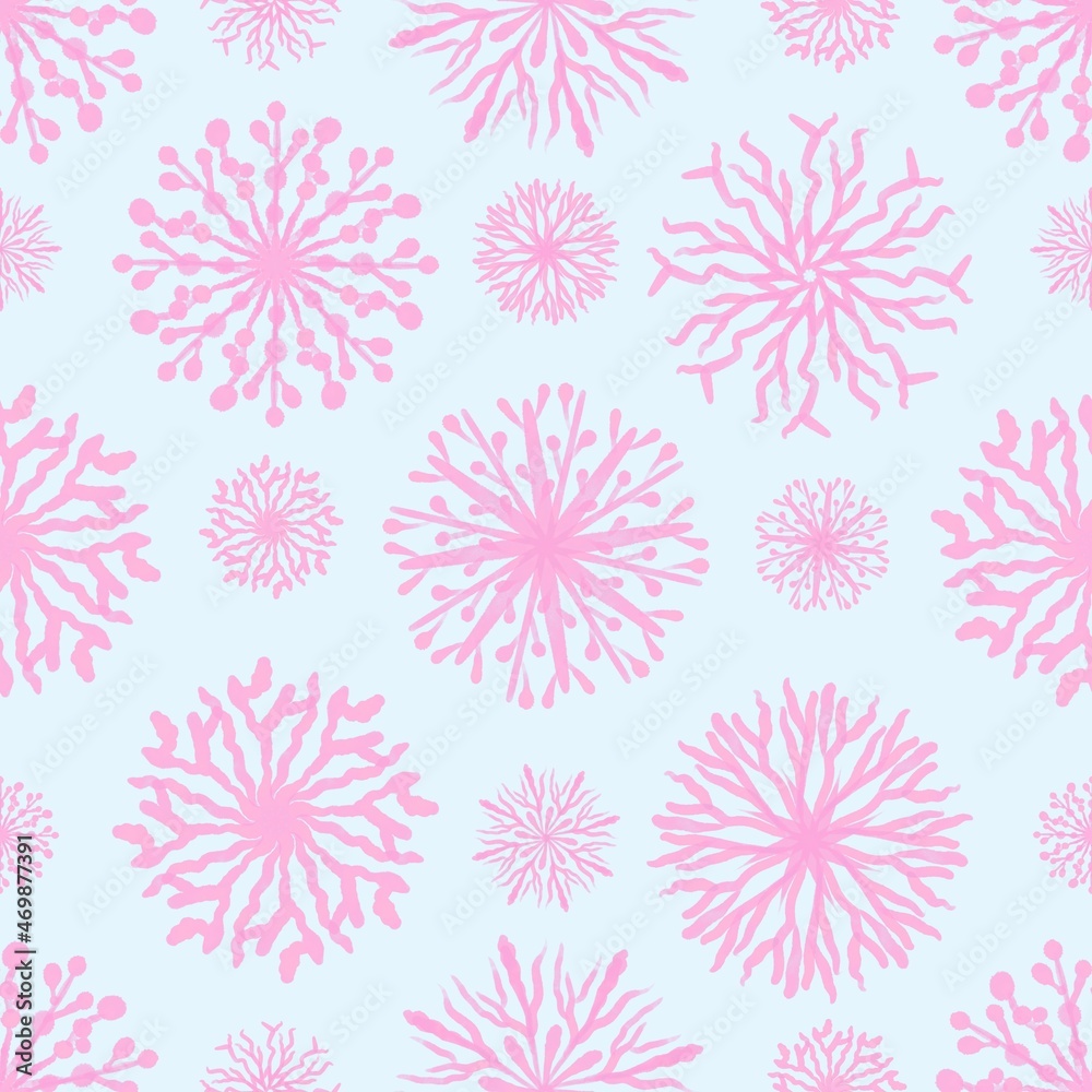 Hand drawn seamless pattern with pink watercolor snowflakes. Hand drawn seamless pattern with pink watercolor snowflakes.