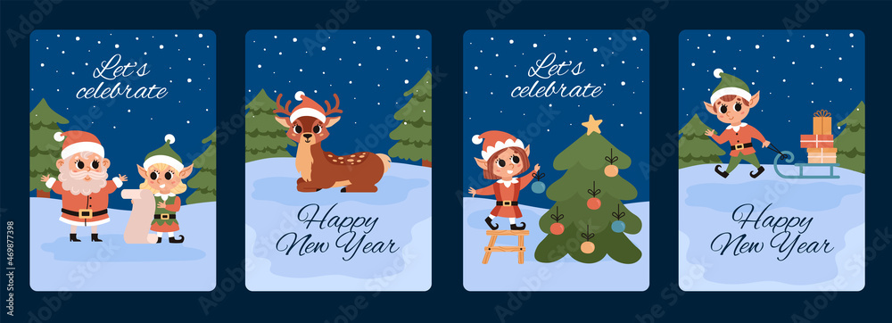 Fototapeta premium Christmas elves with Santa and deer. Winter Greeting card. Santa Claus helper. Cute vector character. Festive elf at night in the forest at the North Pole.