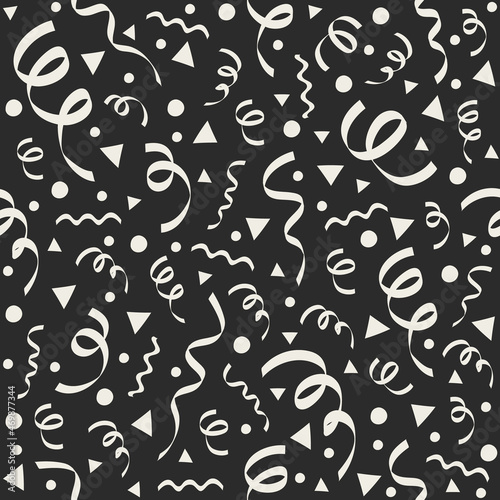 Funny wallpaper with with confetti and serpentines - party concept. Vector