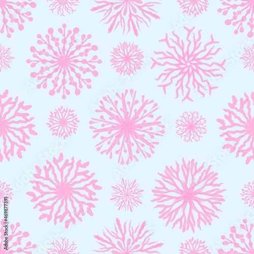 Hand drawn seamless pattern with pink watercolor snowflakes. © NMjrw