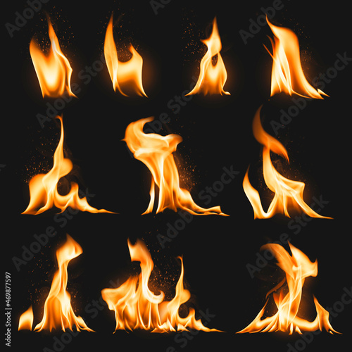 Fototapeta Burning flame sticker, realistic fire image vector set