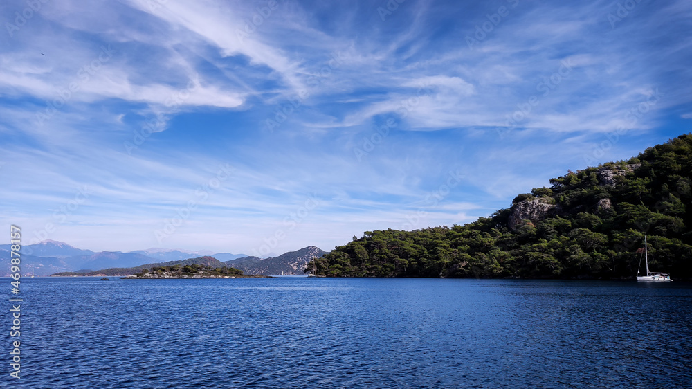 Mediterranean sea, yacht and mountain views. Mediterranean sea, yacht and mountain views.