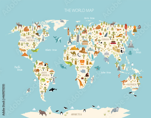 Print. World map with animals and architectural landmarks for kids. Eurasia, Africa, South America, North America, Australia. Cartoon animals. © olga
