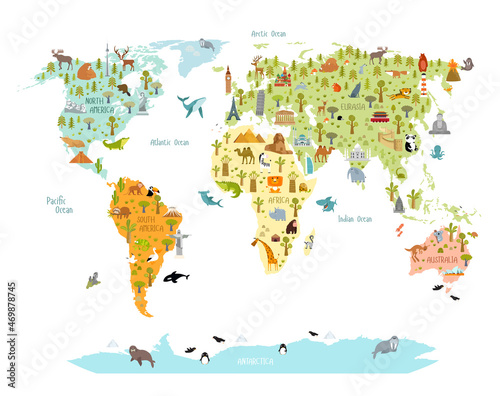 Fototapeta Naklejka Na Ścianę i Meble -  Print. World map with animals and architectural landmarks for kids. Eurasia, Africa, South America, North America, Australia. Cartoon animals.