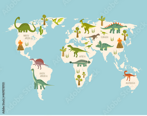 Print. World map with dinosaurs. Dino world map. Cartoon dinosaurs.