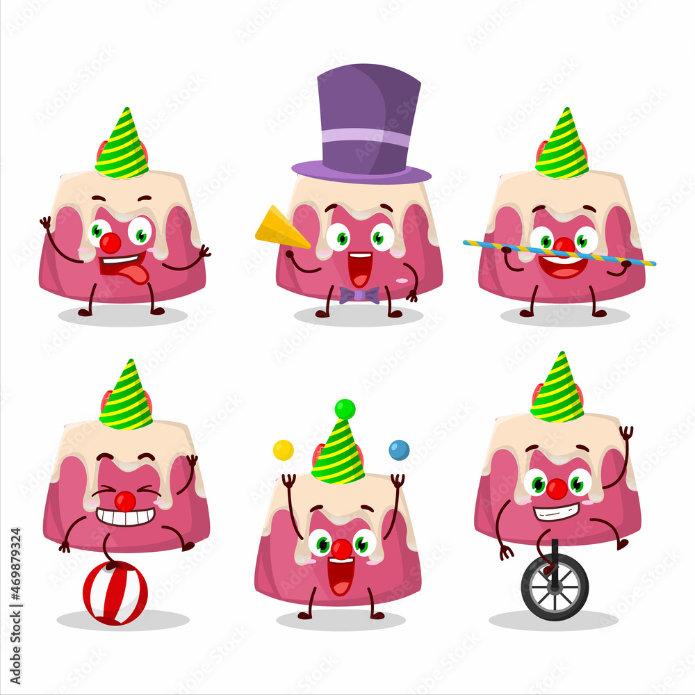 Cartoon character of strawberry pudding cake with various circus shows Cartoon character of strawberry pudding cake with various circus shows
