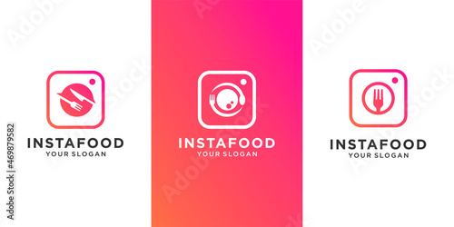 set of Food logo with app icons, restaurant, cafe. combination camera, fork,spoon, knife logo design