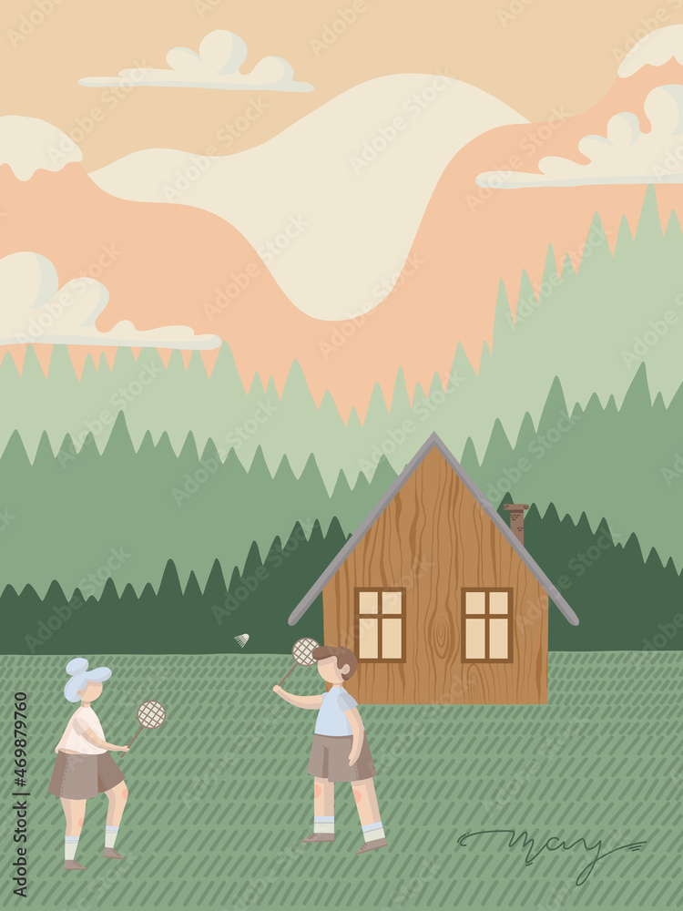 Woman and man playing badminton on field in front of wooden cabin and mountain view vector illustration 