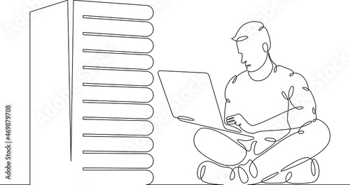 IT specialist is holding a laptop. Data center, server cabinet. Digital technologies. Working with the server. One continuous line .One continuous drawing line logo isolated minimal illustration.