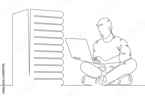 IT specialist is holding a laptop. Data center, server cabinet. Digital technologies. Working with the server. One continuous line .One continuous drawing line logo isolated minimal illustration.