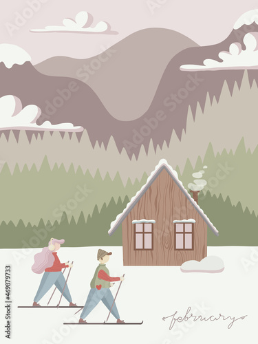 Skiing people on the view of cabin and mountains vector illustration for calendar 