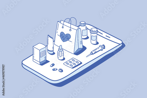 online pharmacy order ecommerce concept with outline isometric style