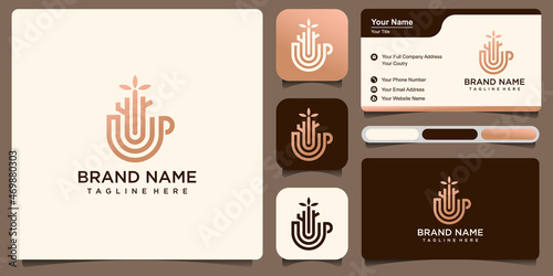 natural coffee logo design element with combination cup and tree. logo design and business card Premium Vector