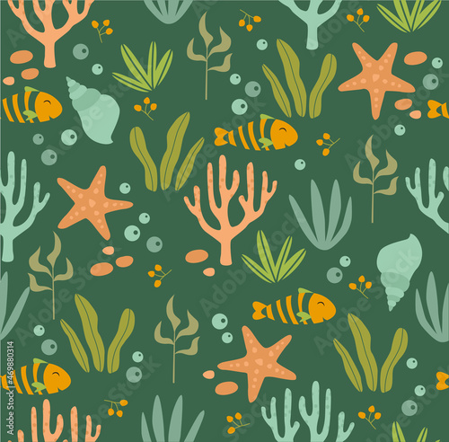 Print. Vector marine background. Can be printed on fabric. Cartoon fish. underwater world.