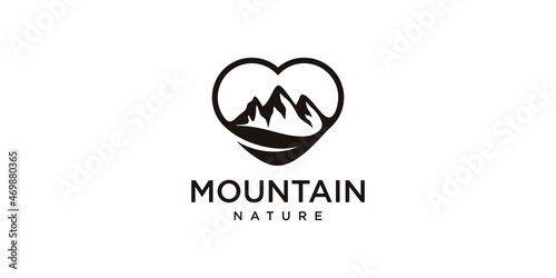 love mountain nature logo icon with combination of love, mountain and leaves. Premium Logo Vector