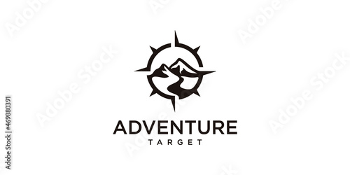 adventure target logo icon with combination compass and mountain . Premium Logo Vector