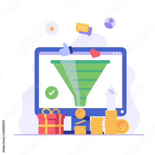 Marketing funnel earning money and generating leads. Increasing rates with sales funnel. Concept of monetization, earn money online, lead generation. Vector illustration in flat for web UI design