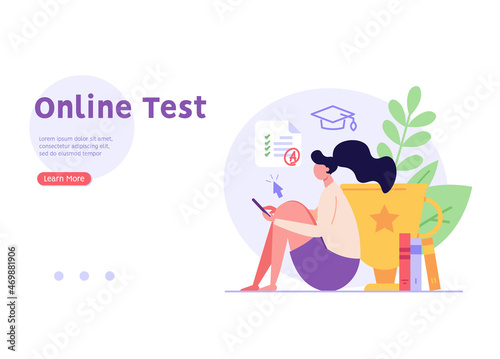 Woman taking university exam remotely and temporarily. Student writing test. Concept of online exam, online survey, testing, e-learning. Vector illustration in flat design for UI, banner, mobile app