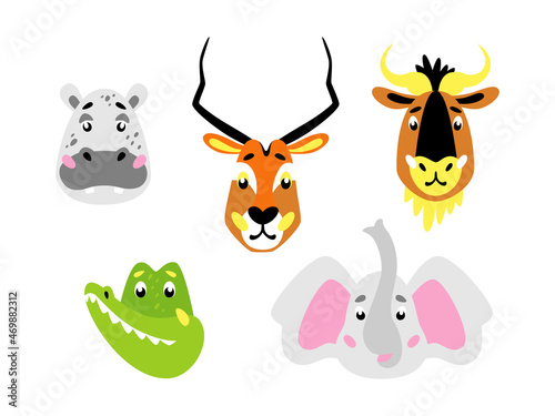 Animal heads. Wildlife animals: hippo, antelope, wildebeest, elephant, crocodile. Childrens cartoon illustration